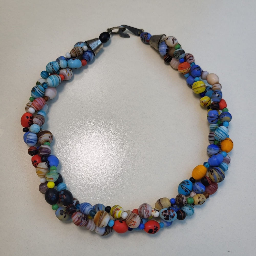 Vintage Lampwork Glass Bead Necklace Multi-Color Multi-Strand Millefiori